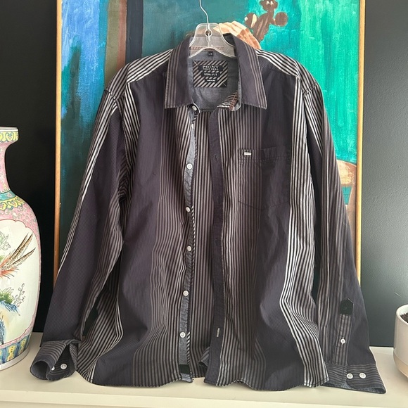 Point Zero Men's Black and Gray Striped Shirt L Semi Fit Y2K - Picture 11 of 16